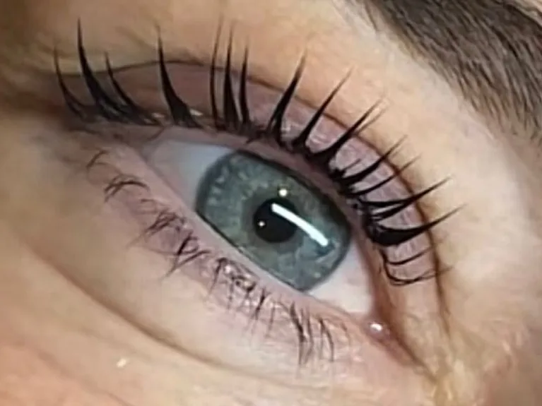 Dasselbe Auge mit dunklen, stark geschwungenen Wimpern nach dem Wimpernlifting